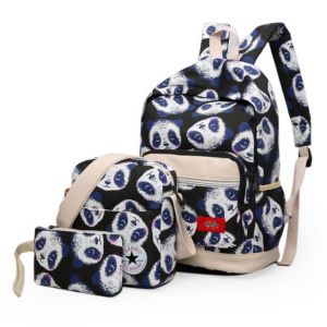 Черный рюкзак с пандами + сумка + пенал 08